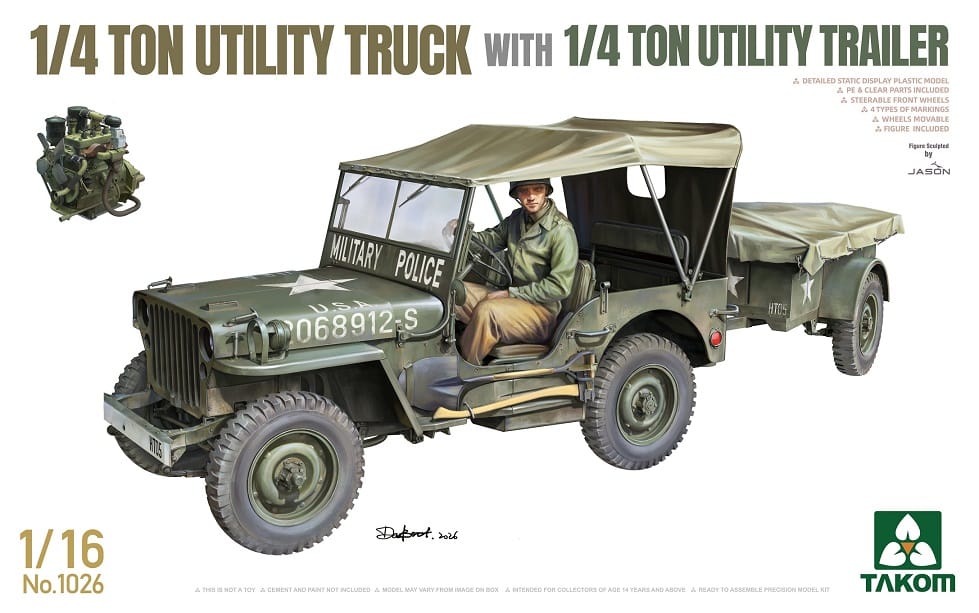 03 Takom 1026 1/4 Ton Utility Truck Willy's Jeep with 1/4 Ton Utility Trailer 1/16