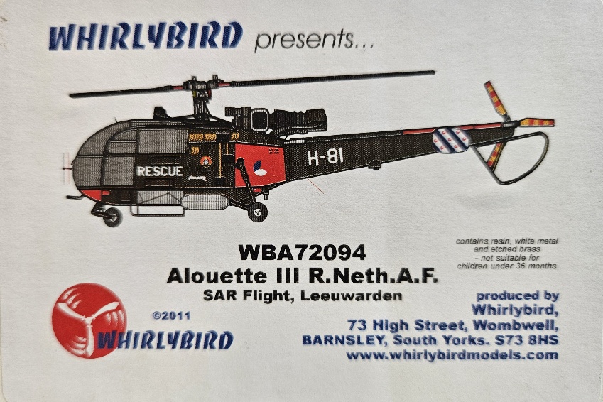 01 Whirlybird WBA72094 Alouette III R.Neth.A.F. SAR Flight Leeuwarden 1/72