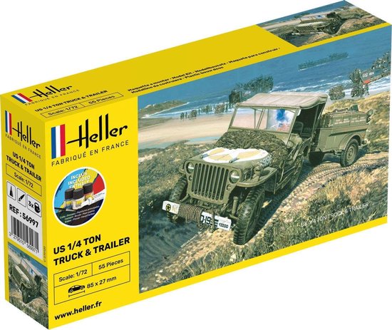 Heller 56997 US 1/4 Ton Truck & Trailer Set incl verf, lijm , penseel.  1/72