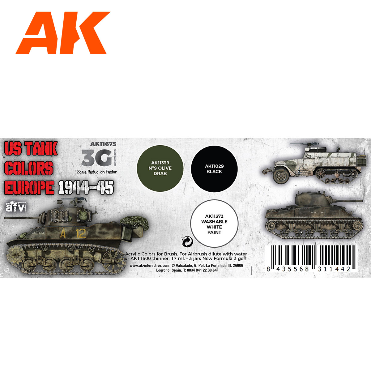 AK Interactive AK11675 US Tank Colors Europe 1944-45 17ml X 3 - Afbeelding 2