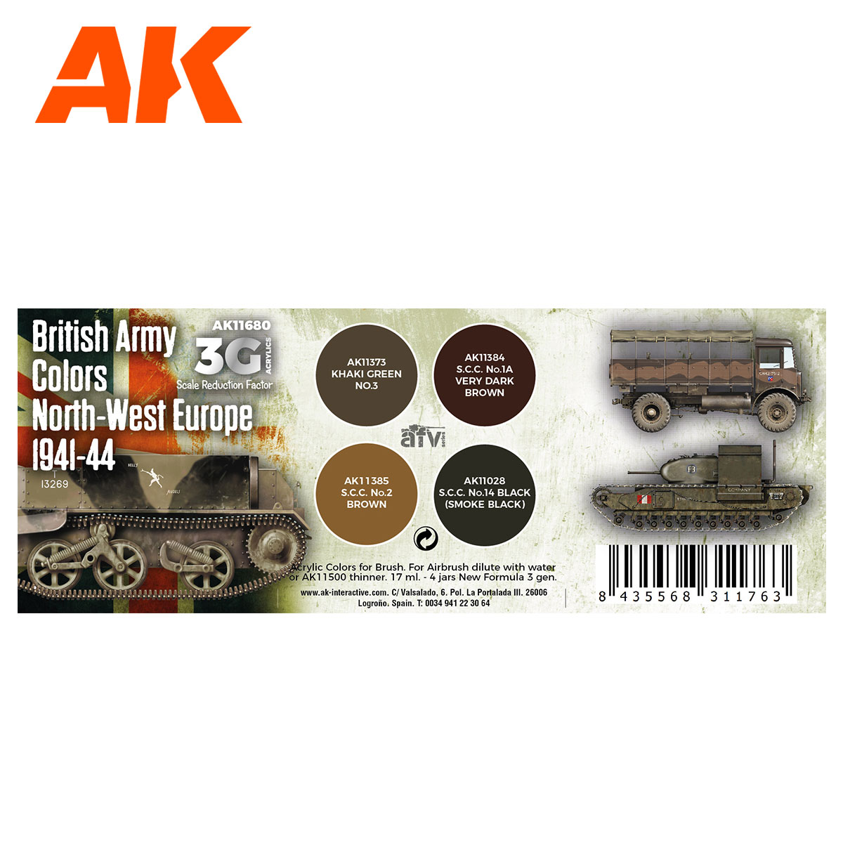 AK Interactive AK11680 British Army Colors North-West Europe 1944-45 17ml X 4 - Afbeelding 2