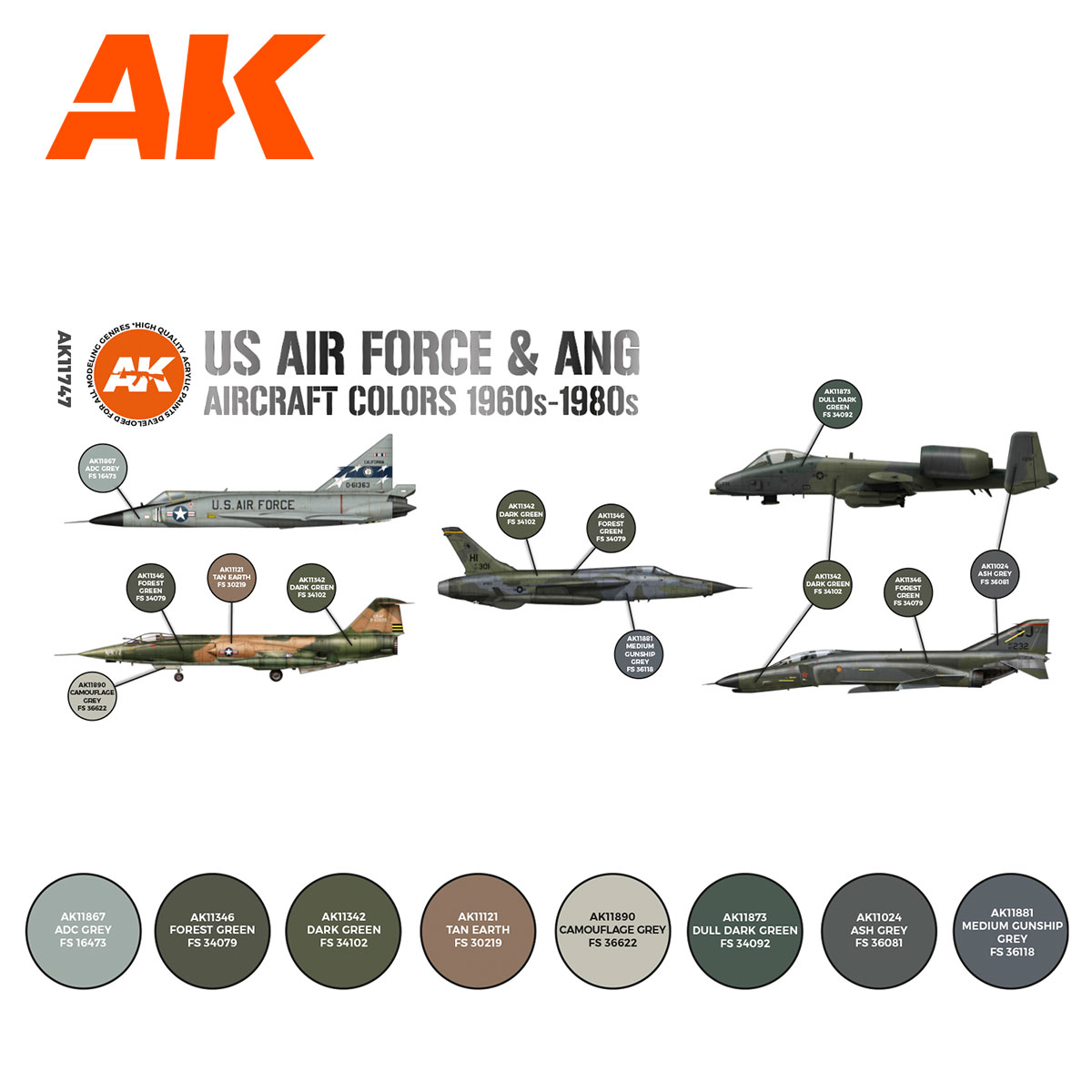 AK Interactive AK11747 US Air Force & ANG Aircraft Colors 1960s-1980s Set 18ml X 8 - Afbeelding 2