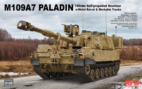 Rye Field Model 5129 M109A7 Paladin w/Metal Barrel & Workable Tracks 1/35