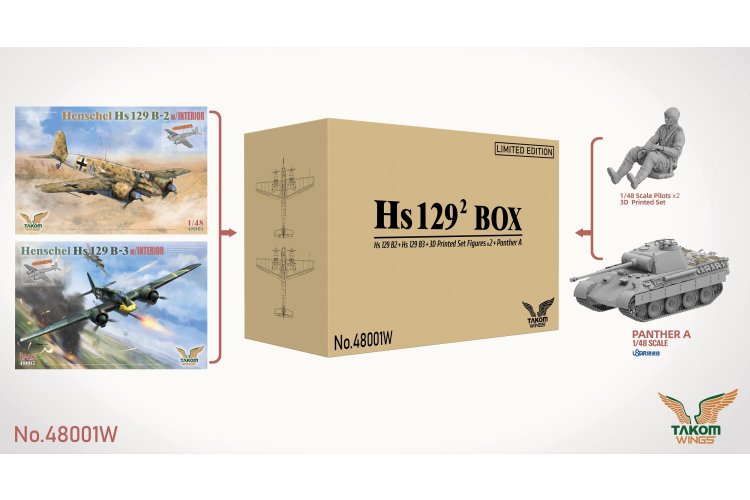 Takom 48001W Hs 129 BOX Hs 129 B2 + Hs 129 B3 + 3D Printed Set Figures x2 + Panther A 1/48